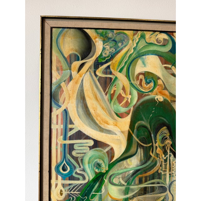 1970s Barbara Conger Expressionist Surrealist Abstract Oil on Plywood Painting, Framed For Sale In Miami - Image 6 of 12
