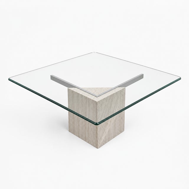 1980s Postmodern Glass Coffee Table With Travertine Base For Sale - Image 11 of 18