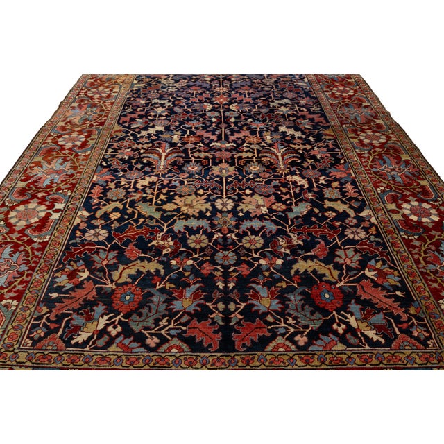 Ivory 19th Century Antique Heriz Style Wool Rug With Deep Indigo All-Over Floral For Sale - Image 8 of 11