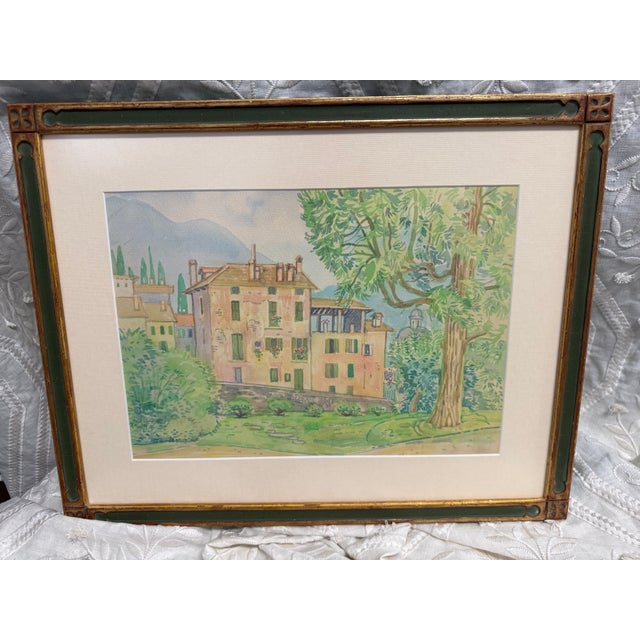 Light Green Italian Village Landscape Pastel in Decorative Green and Gilt Frame For Sale - Image 8 of 9