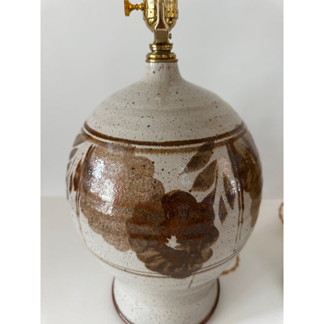 1970s Hand Thrown Stoneware Lamps With Floral Motif - a Pairf For Sale - Image 13 of 15