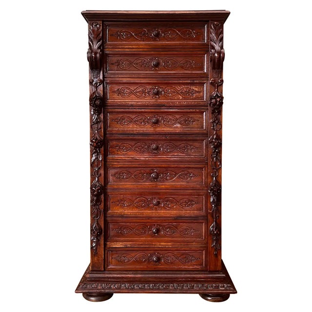 Late 19th Walnut Nine Drawer Tall French Carved Chest or Siffonier For Sale - Image 12 of 12