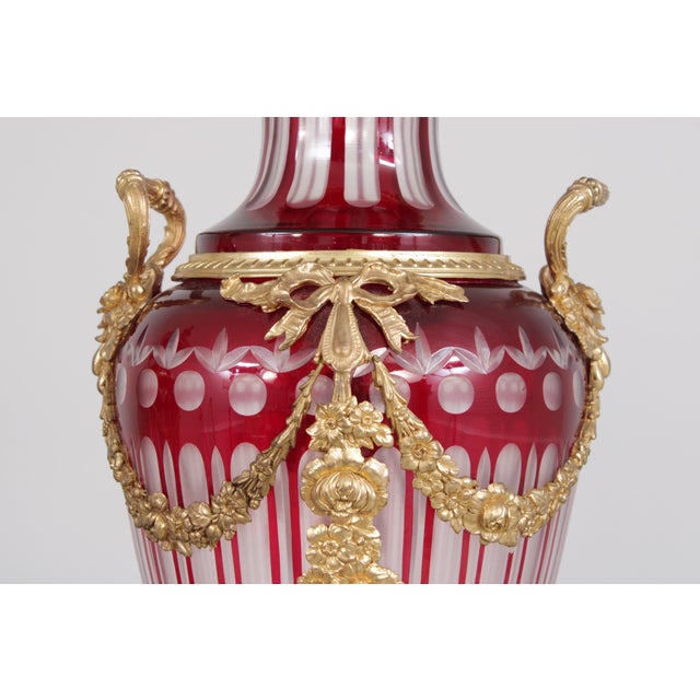 Glass Pair Palatial Bohemian Cut to Clear Crystal Bronze Urns For Sale - Image 7 of 18