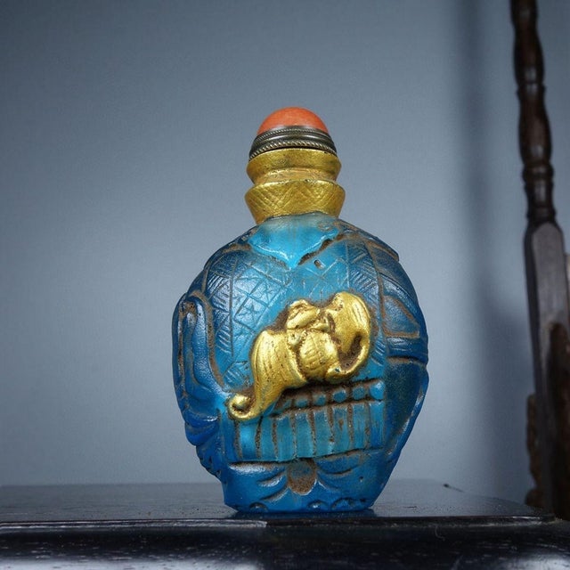 Glass Antique Gilt Blue Glass Snuff Bottle With Bat Motif - Asian Collectible For Sale - Image 7 of 9