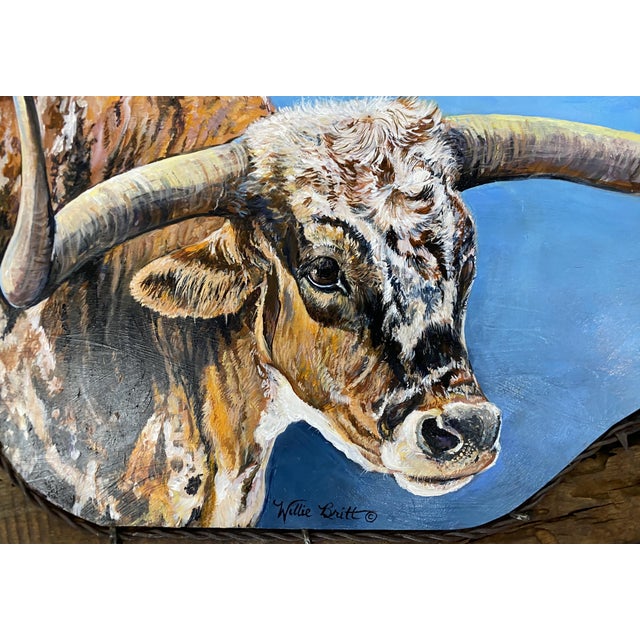 Realism Poker Face ~ Willie Britt, Original Acrylic Painting. A Colorado Longhorn Comes to Life Against the Expansive Blue Skies of Southern Colorado. For Sale - Image 3 of 14