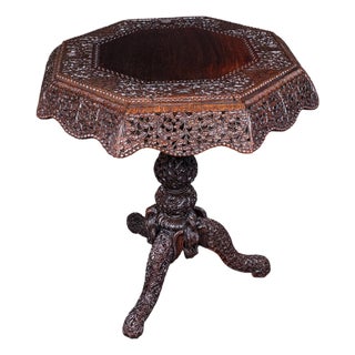 Antique Carved Tea Table, Burmese, Teak, Octagonal, Lamp, Side, Victorian, 1860 For Sale