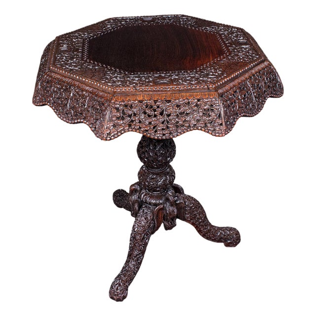Antique Carved Tea Table, Burmese, Teak, Octagonal, Lamp, Side, Victorian, 1860 For Sale