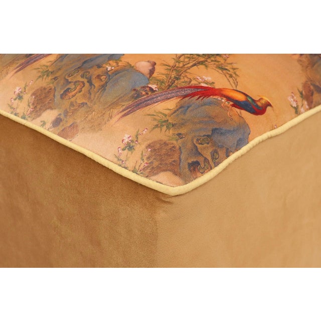 Taupe Chinese Nature-Sceen Italian Velvet Upholstered Ottoman For Sale - Image 8 of 9