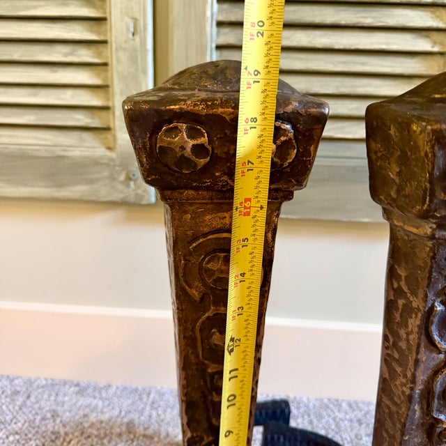 Antique Cast Iron Burnished Andirons by Ohio F & M Co. 1920s For Sale - Image 11 of 14