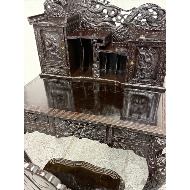 Vintage Japanese Hand Carved Dragon Carved Writing Desk + Chair, Set of Two For Sale - Image 10 of 12