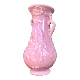 Vintage Pink Ceramic Hand-Painted Bird & Cherry Blossom Vase — Asian Chinoiserie For Sale