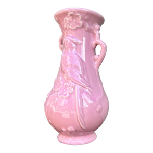 Vintage Pink Ceramic Hand-Painted Bird & Cherry Blossom Vase — Asian Chinoiserie