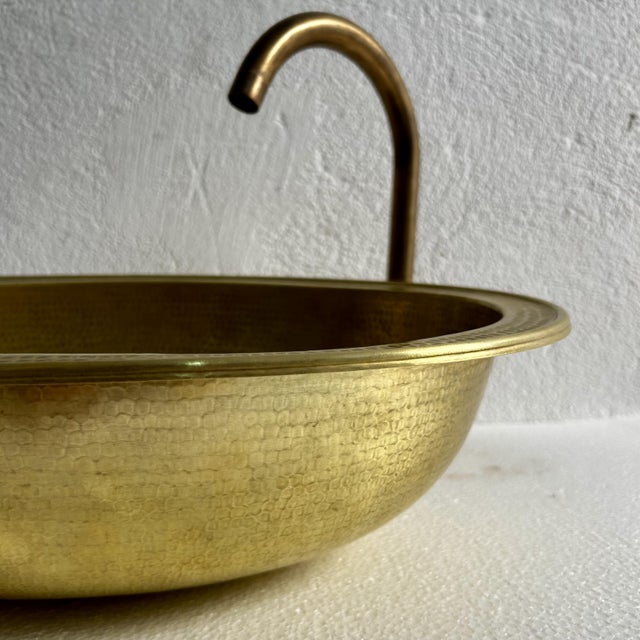 Brass Oval Hammered Brass Drop-In Bathroom Sink, Rustic Moroccan Handmade & Brass Drain For Sale - Image 8 of 9