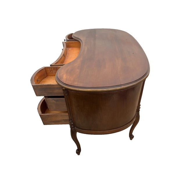 Vintage French Desk Kidney Shaped Vanity Seven Carved Drawers Petite Size For Sale In Palm Springs - Image 6 of 12