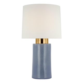 Barbara Barry by Visual Comfort Signature Xian 30" Table Lamp in Polar Blue Crackle and Soft Brass with Linen Shade For Sale