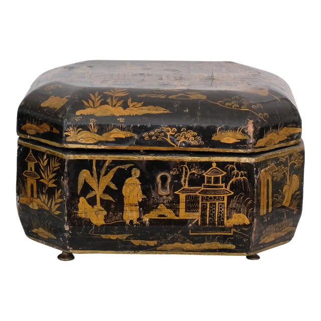 Black Chinese Lacquered Tea Caddy Box For Sale