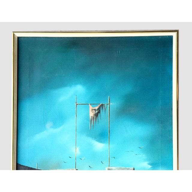 A Eugene Hawkins 1964 Surrealist Oil on Canvas Painting. Signed EUGENE HAWKINS '64 on the lower right corner. The colors...