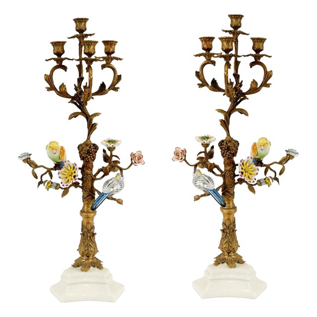 French Gilt Candleholders in Bird Porcelain, Set of 2 For Sale