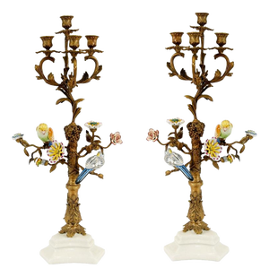 French Gilt Candleholders in Bird Porcelain, Set of 2
