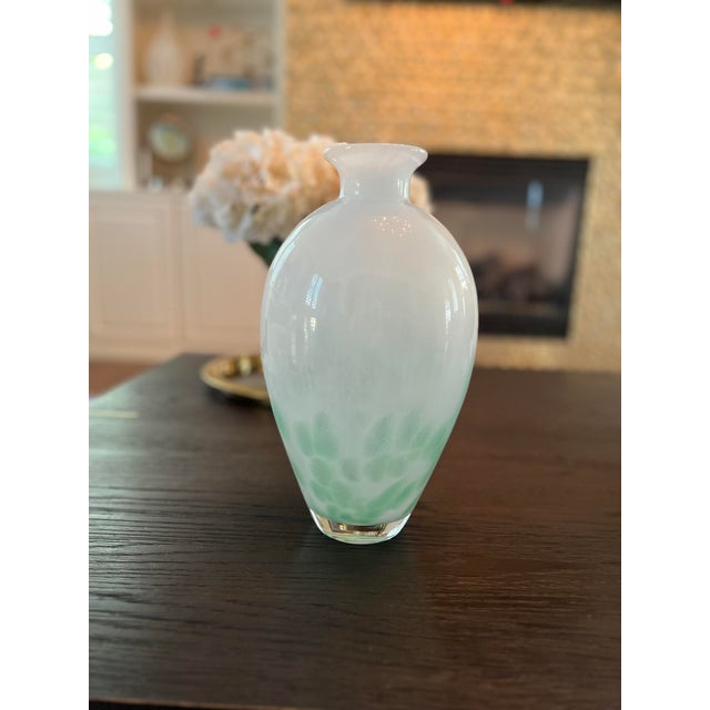 Heavy Large Glass Vase Milk White and Green 12” Tall 7” Across