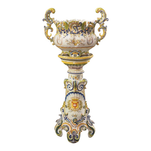 19th Century Hand Painted Faience Jardiniere on Pedestal From Boulogne, France For Sale