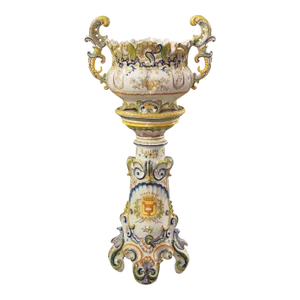 19th Century Hand Painted Faience Jardiniere on Pedestal From Boulogne, France
