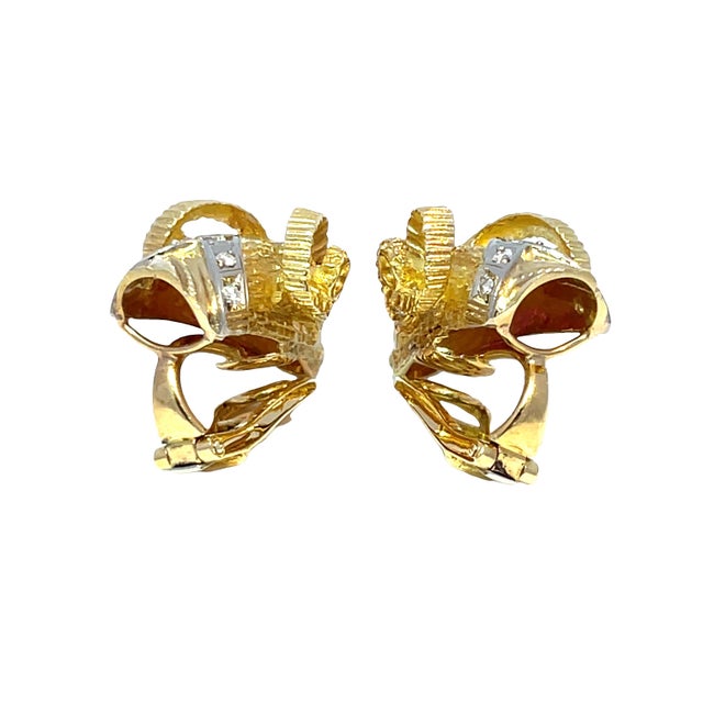 18k Yellow & White Gold Ram’s Head Lever-Back Earrings Set With Ruby and Diamond, A Pair For Sale - Image 4 of 6