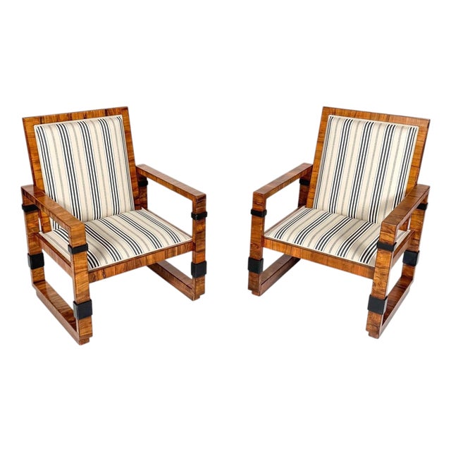 Art Deco Armchairs in Wood and Fabric, 1930, Set of 2 For Sale