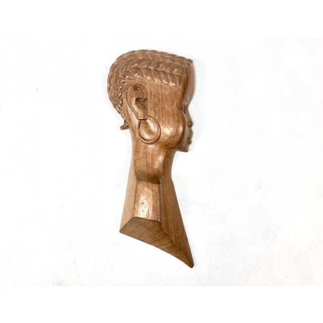 Wood Vintage Wooden Carved African Man & Woman Wall Hanging Sculptures, Set of 2 For Sale - Image 7 of 17