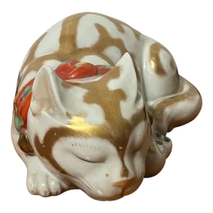 Early 20th Century Antique Japanese Kutani Porcelain Figure of a Sleeping Cat