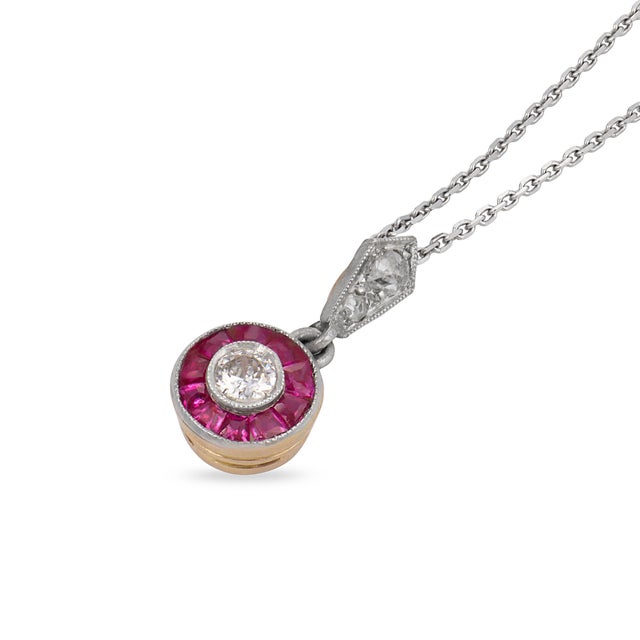 Art Deco Style Diamond Ruby Target Platinum 14k White Gold Pendant Necklace For Sale - Image 4 of 7