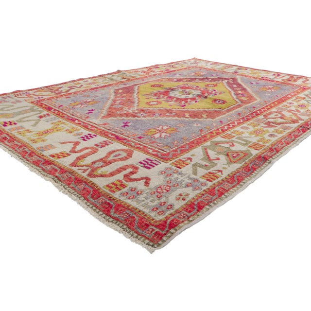 51782 Vintage Turkish Oushak Rug, 05'11 x 08'04. Showcasing a bold expressive design, incredible detail and texture, this...