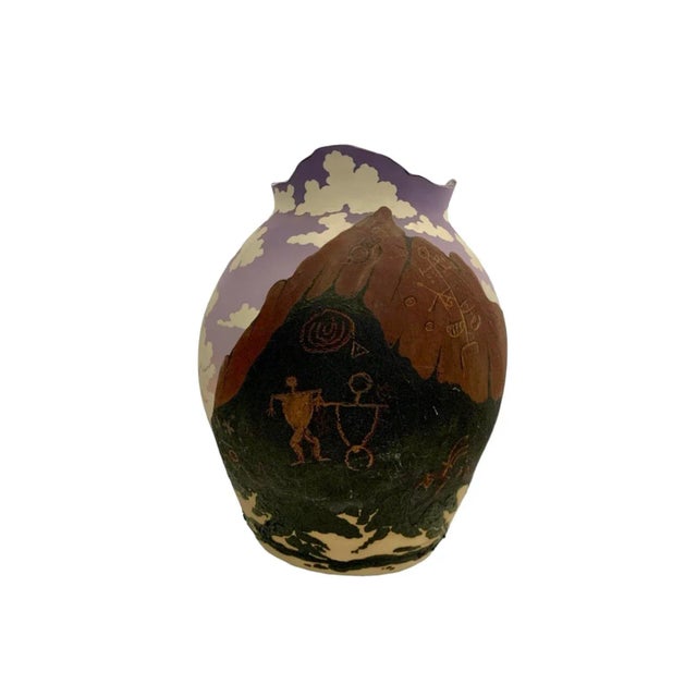 Late 20th Century Late 20th Century Native American Hand-Painted Pottery Vase, Dawn Nature Scene, 18.5"h For Sale - Image 5 of 9