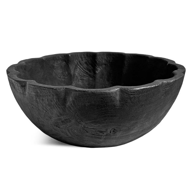 Contemporary Modern Black Scallop Teak Wood Bowl For Sale - Image 3 of 9