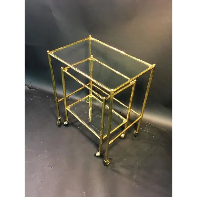 Jansen Furniture Baques Brass Bamboo Nesting Tables on Wheels - a Pair For Sale - Image 4 of 11