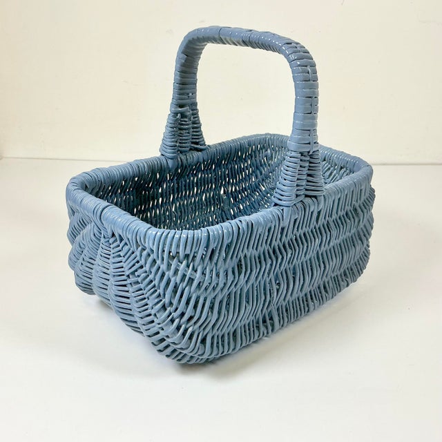 Mid-Century Boho Chic Coastal French Blue Wicker Tabletop Basket For Sale - Image 6 of 10