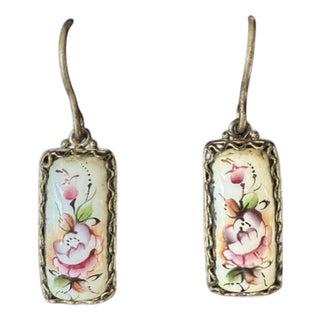 Late 20th Century Vintage Hand Painted European Folk Art Filigree Drop Earrings, A Pair For Sale