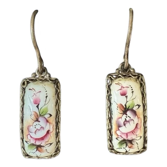 Late 20th Century Vintage Hand Painted European Folk Art Filigree Drop Earrings, A Pair For Sale