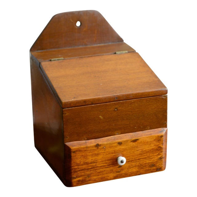 Vintage Primitive Wooden Large Hanging Fireside Candle Box Salt Box For Sale