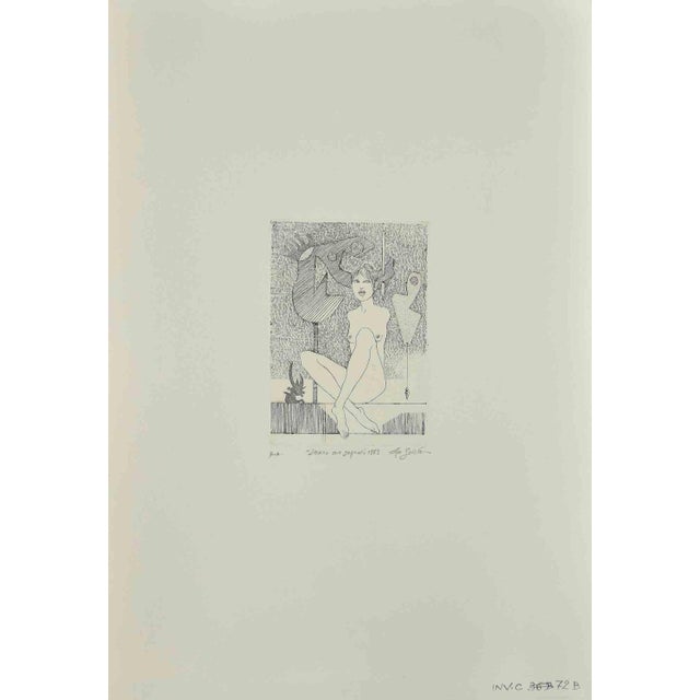 Woman with Signals is an original etching and aquatint realized by Leo Guida in 1989. Good condition. Mounted on a white...