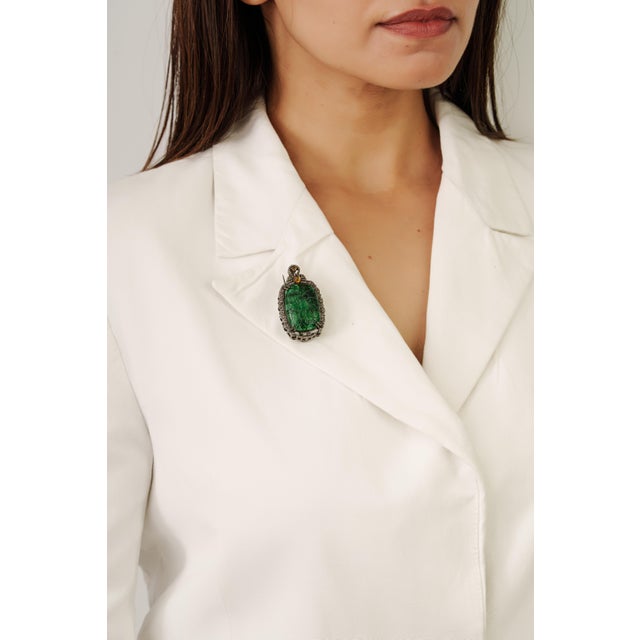 Handcrafted Vintage 20.85 Ct Aventurine Brooch Pendant With Diamond Accents For Sale - Image 6 of 12