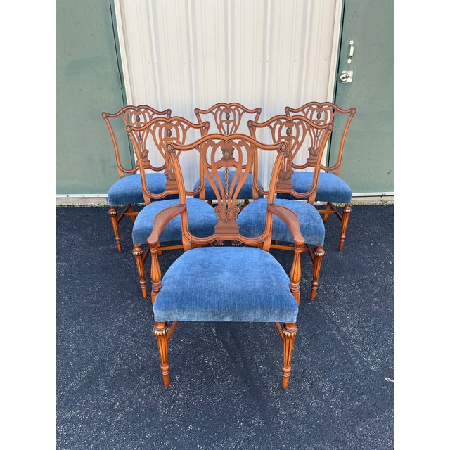 An original set of six Louis XVI style dining chairs purchased in 1936. Made by Saginaw Furniture in Michigan of walnut...
