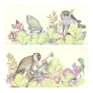 "The Natives and the Locals" Contemporary Singerie Style Acrylic Paintings - a Pair