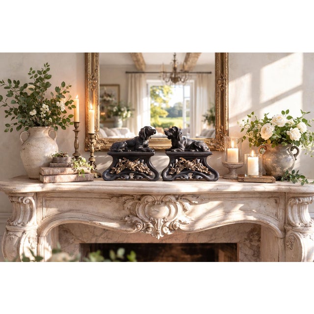 A marvelous pair of finely cast antique andirons or firedogs/chenets, adornied with bronze crests/trophies. These would...