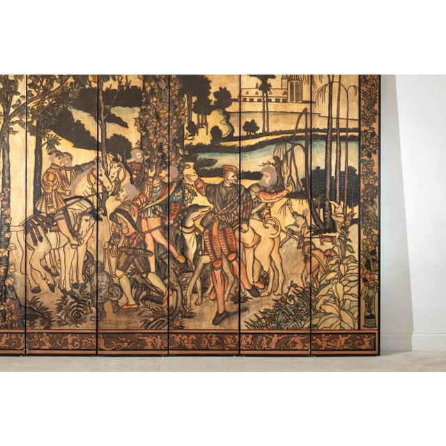 Wood Six-Panel Renaissance Themed Painted Screen with Noble Hunting Scene For Sale - Image 7 of 10