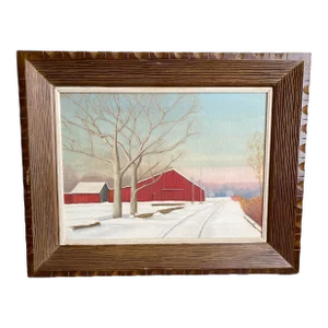 Mid 20th Century Rural Winter Landscape with Red Barn Painting, Framed