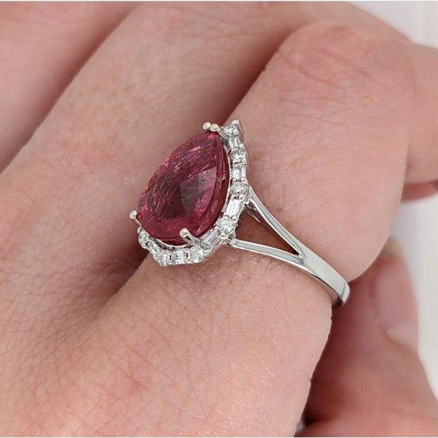 Modern Pink Tourmaline Ring With Natural Diamond Halo: Solid 14k Gold, Pear Cut 11x8mm, Size 6.75 For Sale - Image 3 of 10
