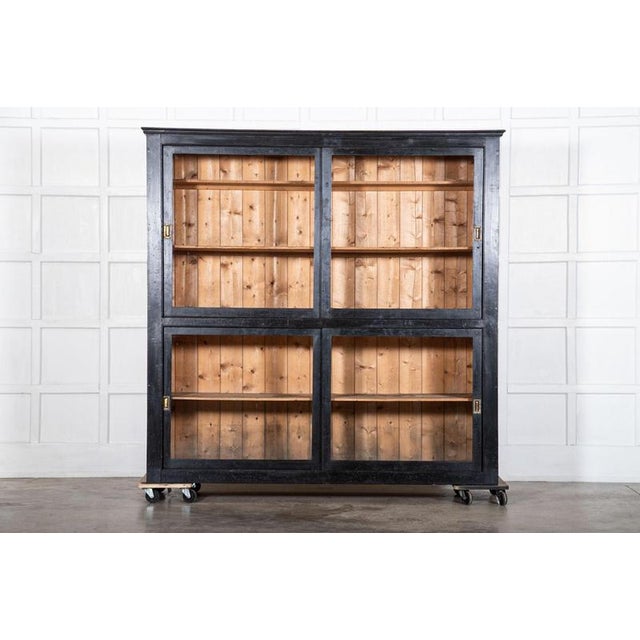 Circa 1880 Large English 19thC Ebonised Pine Housekeepers Cabinet x2 W195 x D53.5 x H192.5 cm Bottom internal shelf depth...