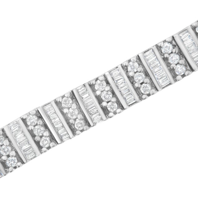 Contemporary 14K White Gold 4 7/8 cttw Baguette & Round Brilliant-Cut Diamond Channel- & Prong-Set Tennis Bracele For Sale - Image 3 of 6