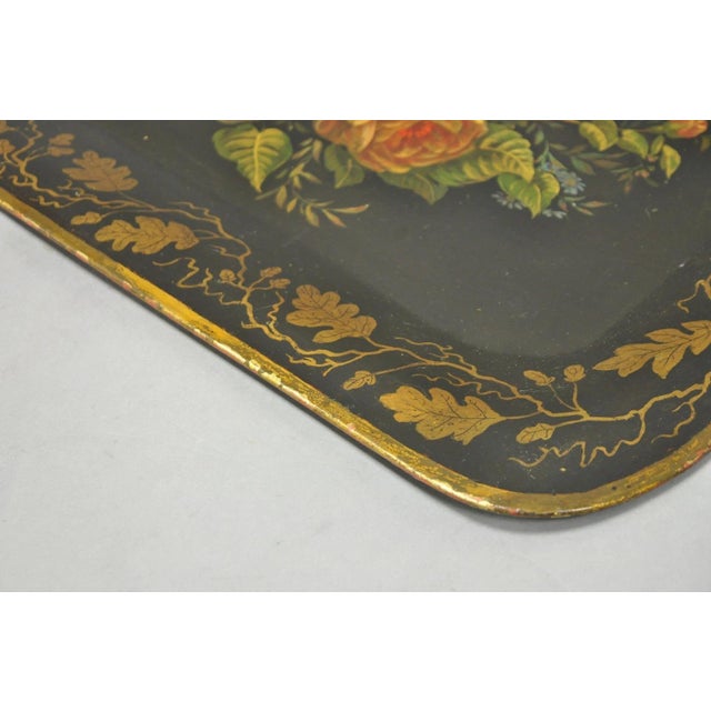 Antique French Country Tole Metal Hand Painted Floral Large Serving Platter Tray For Sale - Image 11 of 15